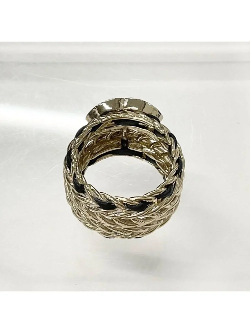 Chanel CC Logo Rhinestone Leather Ring Gold